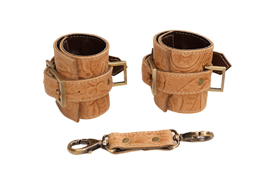 Tan Tooled and Antique Brass Cuff Set