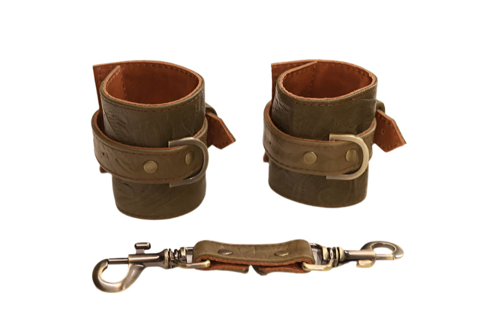 Olive Tooled and Antique Brass Cuff set
