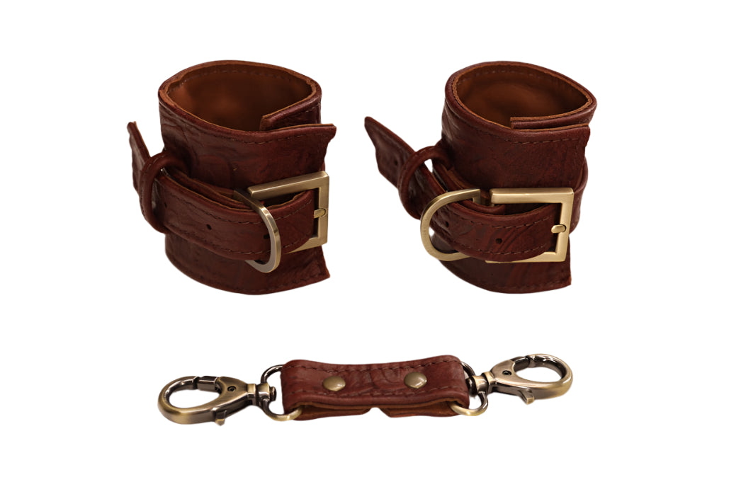 Dark Brown Tooled and Antique Brass Cuff Set