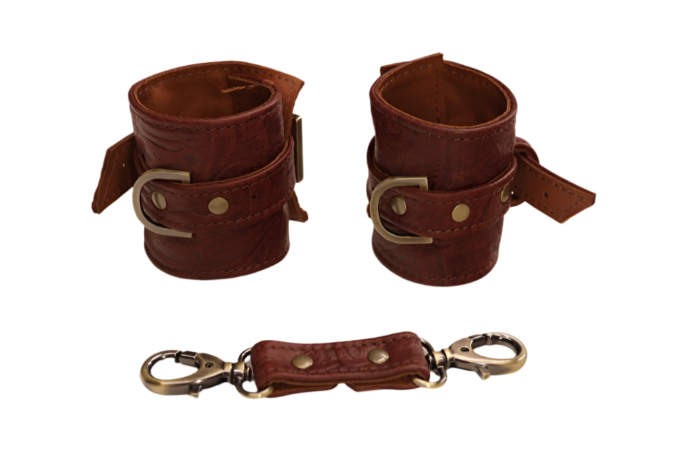 Dark Brown Tooled and Antique Brass Cuff Set
