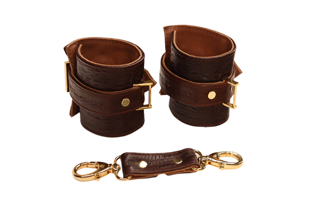 Brown Imitation Alligator and Gold Cuff Set