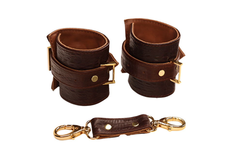 Dark Brown imitation Alligator and Gold Cuff Set