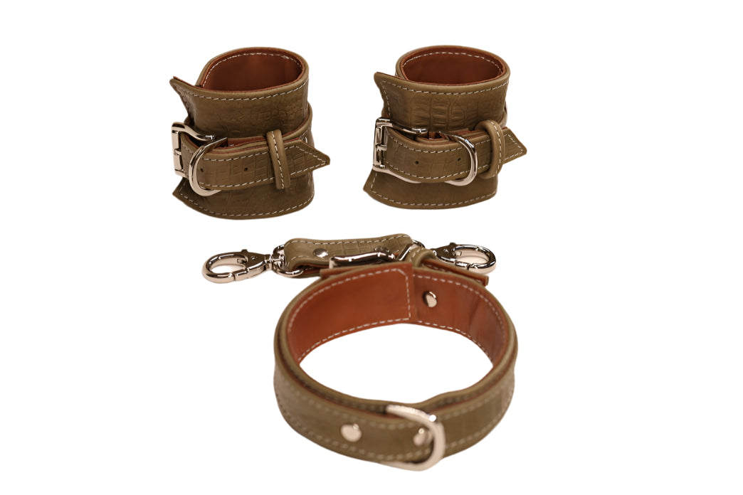 Olive Imitation Alligator and Silver Cuff Set