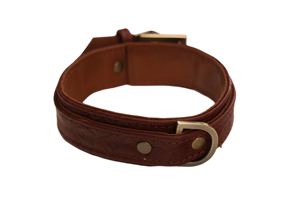 Dark Brown Tooled and Antique Brass Collar
