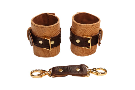 Two-Toned Tan Tooled and Dark Brown Tooled with Gold Cuff Set
