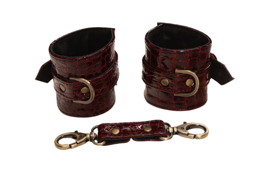 Burgundy Imitation Al!igator and Antique Brass Cuff Set