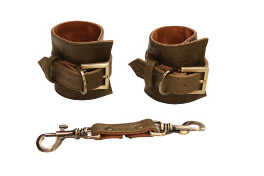 Olive Tooled and Antique Brass Cuff set