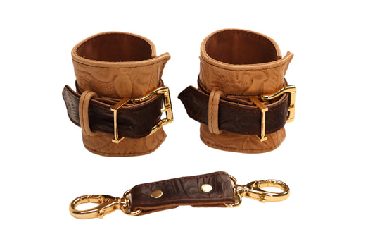 Two-Toned Tan Tooled and Dark Brown Tooled with Gold Cuff Set
