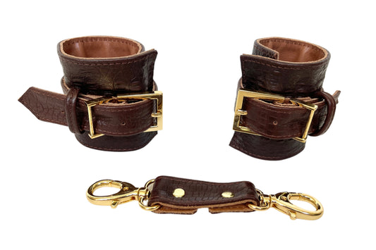 Dark Brown Imitation Alligator and Gold Cuff Set